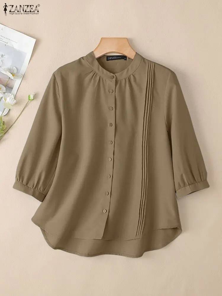 ZANZEA خمر Pintuck قمصان النساء الخريف 3/4 نفخة الأكمام اليوسفي طوق زر حتى عالية منخفضة قميص ملابس امرأة غير رسمية S-3XL #2