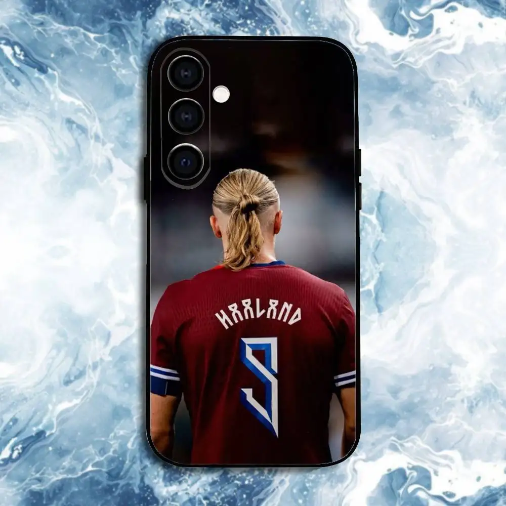 حافظة هاتف كرة القدم E-Erling H-Haaland لهاتف سامسونج جالاكسي A73، A72، A71، A70، A53، A52، A51، أخرى غلاف أسود ناعم