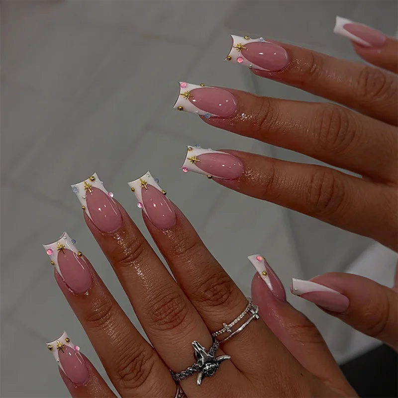 

24Pcs White French Tips Press On Nails - Medium Square Fake Nails with Star & Colorful Beads, Wearable False Nails for Women