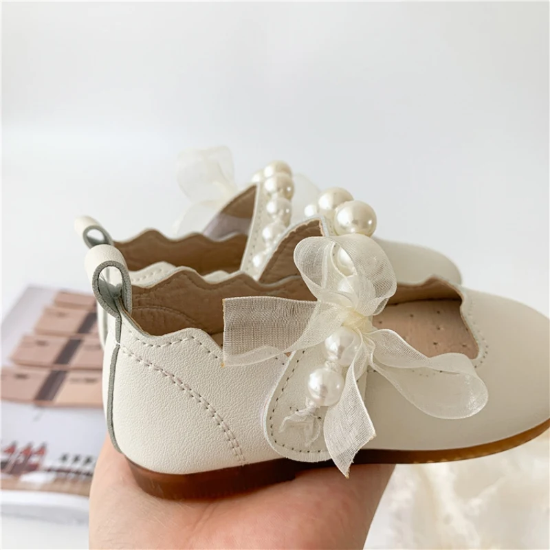 Children Girls Shoes Pure Color Pearl Gauze Bow Shoes Soft Soles Princess Shoes Girls Autumn Leather Flat Shoes