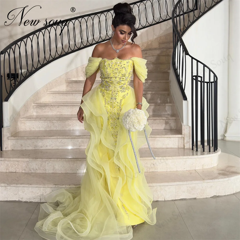 

New Elegant Yellow Beaded Prom Dresses Off Shoulder Crystals Evening Dress With Detachable Skirt Wedding Party Gowns Customized