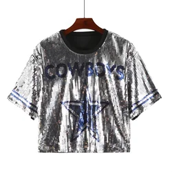 Summer New Letter Geometry Streetwear Loose T-Shirt Sequins Hip Hop Straight Short Sleeve Round Neck Women's Wear