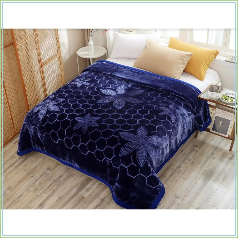 Heavy Embossed Reversible Plush Korean Mink Blanket 85x95 in Blue Navy