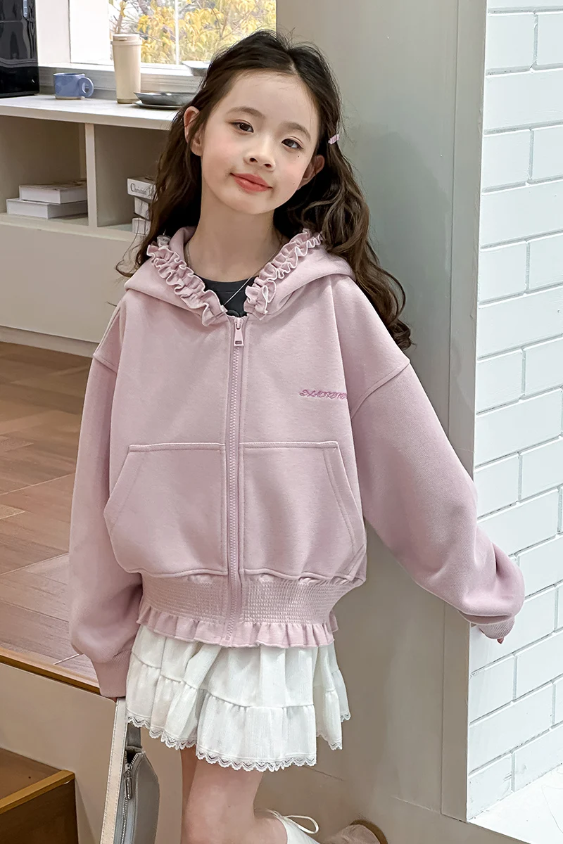 Mädchen Kapuzenpullover Frühling Herbst 2026 Neuer Stil Süßer Niedlicher Rüschenbesatz Reißverschluss-Mantel mit Taschen Kinderkleidung – Detail 17