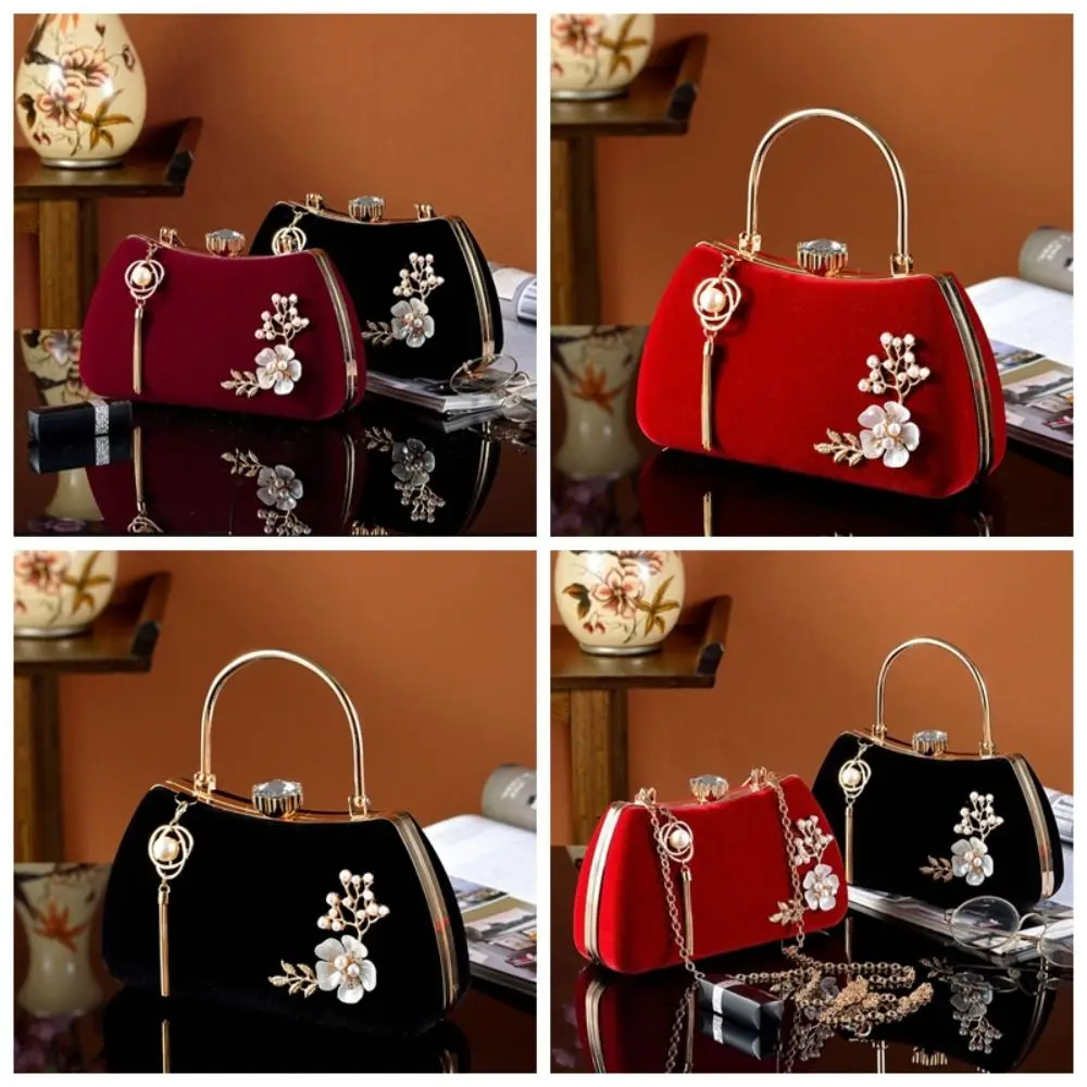 Luxury Tassel Velvet Dinner Handbag Rhinestone Top Handle Evening Banquet Bag Clutch Flowers Bridal Clutch Bag Cheongsam