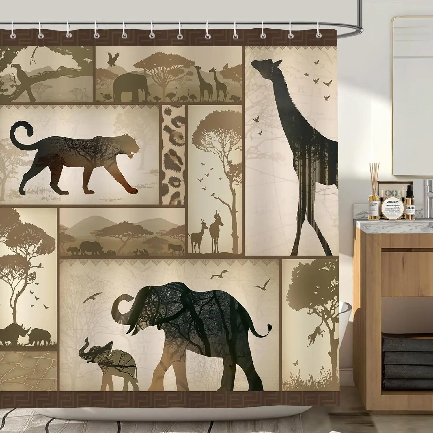 Rustic Cabin Shower Curtain Forest Animal Bear Deer Elephant Woodland Farmhouse Bathroom Decor Fabric Bath Curtains with Hooks