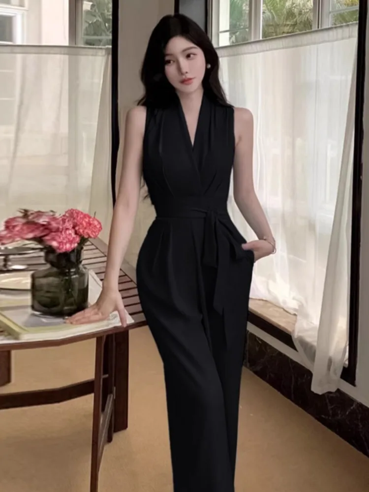 

French Elegant Sleeveless Jumpsuit Women V Neck Lace Up Waist Slim Wide Leg Long Pants Summer Casual Office Clothing