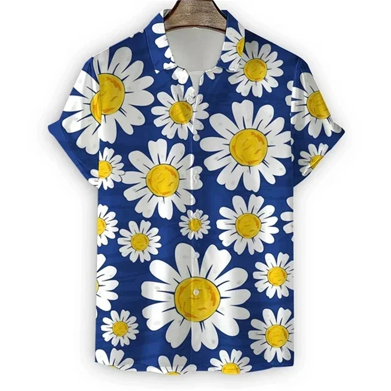 

Spring Summer Floral Pattern 3D Daisy Print Men's Beach Shirt Short Sleeve Lapel Shirt Hawaiian Button Top Men's Short Shirt