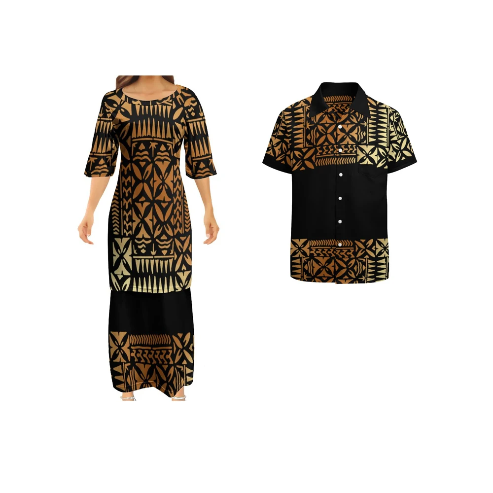 

New Design Custom Polynesian Samoan Tribal Tapa Puletasi Tatau Pattern Maxi Dress Round Neck Two Piece Set Top Skirts Outfits