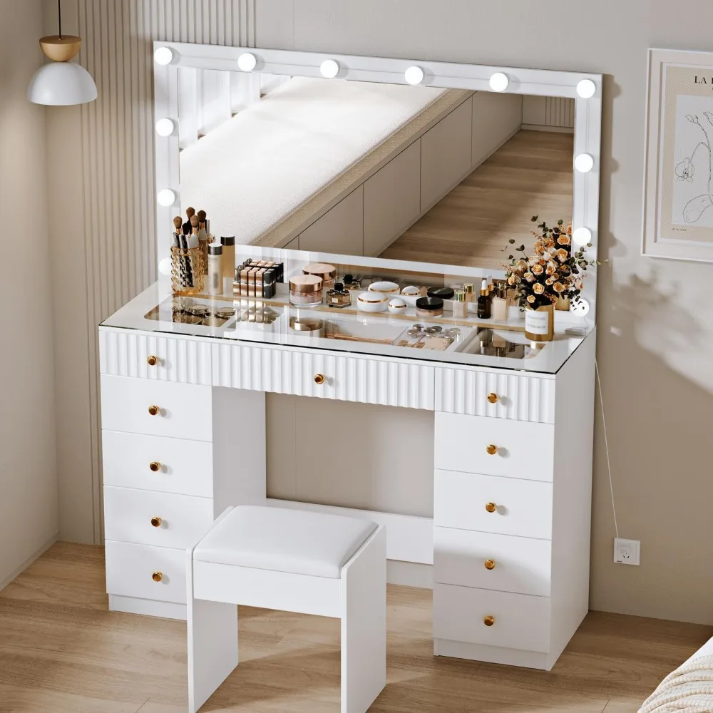 Escritorio de tocador grande, con silla, tocador de maquillaje moderno de alta capacidad con 11 cajones, tapa de cristal, para dormitorio, sala de maquillaje, blanco, sin w