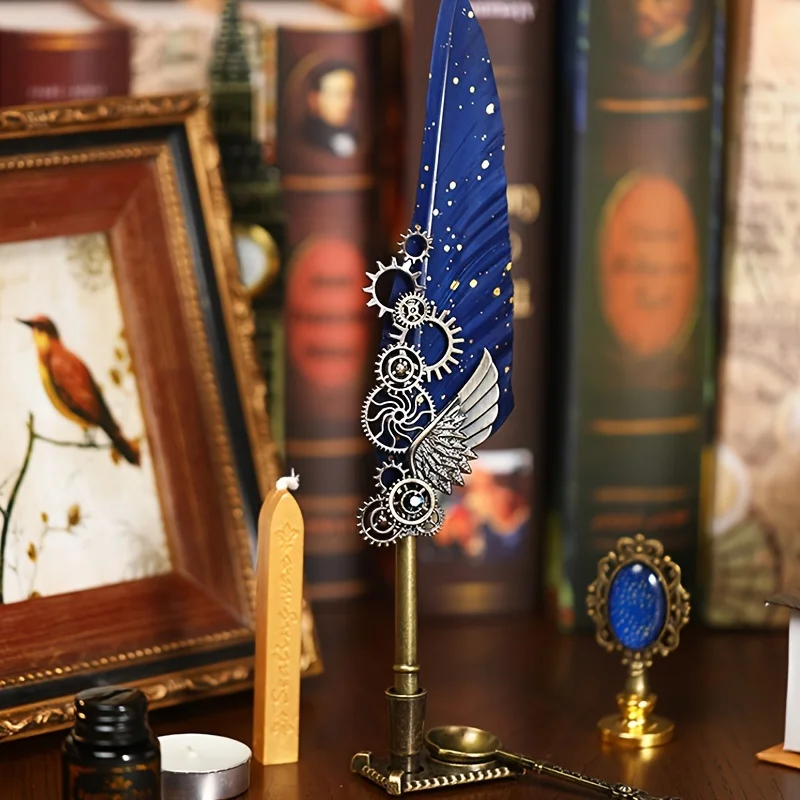 Set of pens, stamps, crayons. Calligraphy pen and ink pen set. Dip pen with mechanical gears and steampunk design.