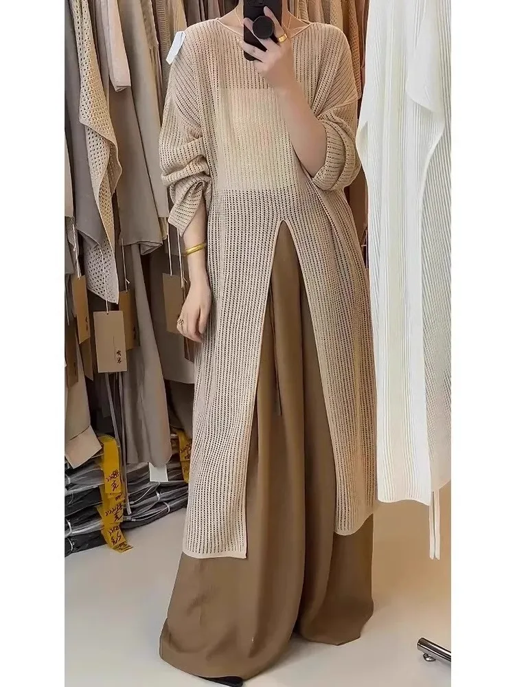 French High-End Knitted Sweater For Women In Autumn With Hollowed Out Slit Cover, Loose Long Sleeved Mid Length Top