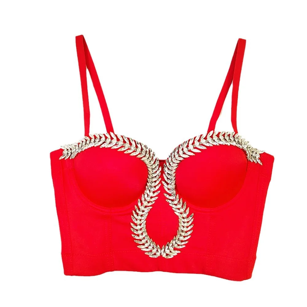 

Fashion Leaf Design Crystal Rhinestone Chain Corset Bustier - Glamorous Fishbone Strap Camisole for Women, Clubwear, Night Out