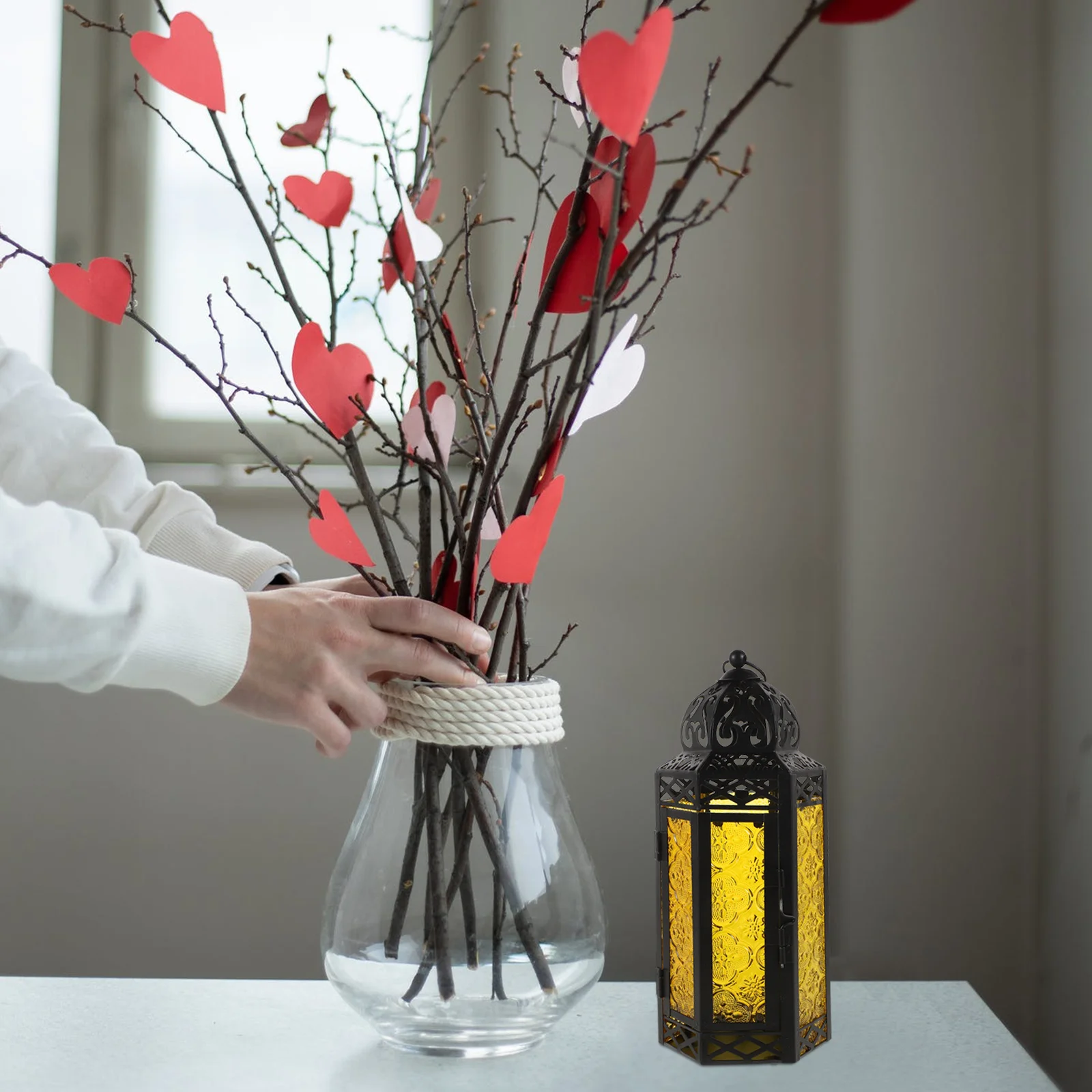 

Morocco Style Wrought Iron Hanging Holder Decorative Storm Lantern Desktop Ornaments (Orange)