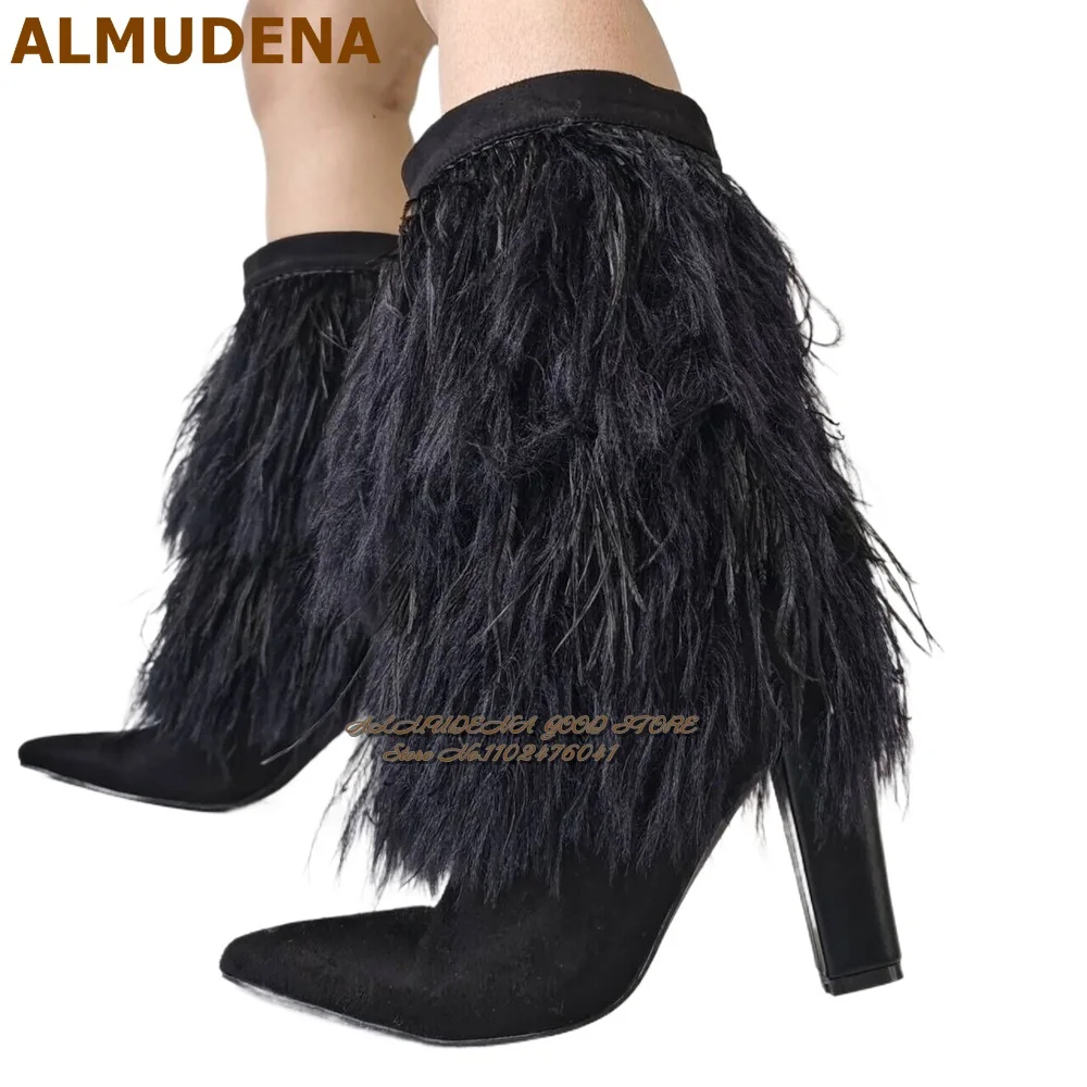 ALMUDENA Black Fluffy Feather Mid-Calf Boots Chunky Heels Pointed Toe Fur Middle Boots Women Fringe Winter Warm Outdoor Shoes