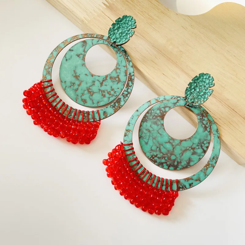 Patterned Double Circle Drop Earrings Red Bead Fringe Edge Ear Ring Statement Ethnic Vacation Jewelry Bold Daily Accessories