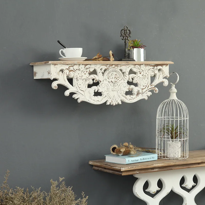 

Vintage Carved Solid Wood Wall Shelf, Rustic Distressed Floating Display Rack for Homestay Living Room Decor - Handmade