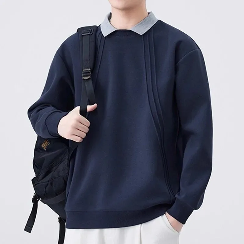 Falso moletom de duas peças masculino casual camisa gola camisa de fundo de manga comprida camiseta moda esportes topo