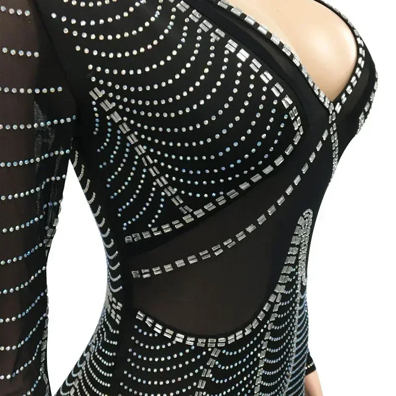 GUWU Langarm Sheer Mesh Patchwork Kristall Maxi Kleid Damen Glamour Strass Langes Kleid Bandage Sexy Party Clubwear