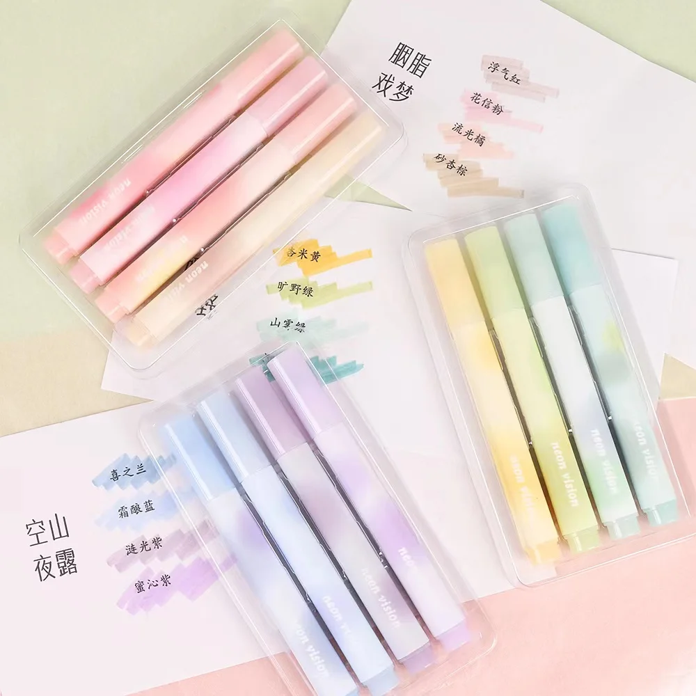 4pcs/Set Color Marker Pink Series Highlighter Pen Purple Series Glitter Color Shiny Pens Green Series Student Kids Stationery