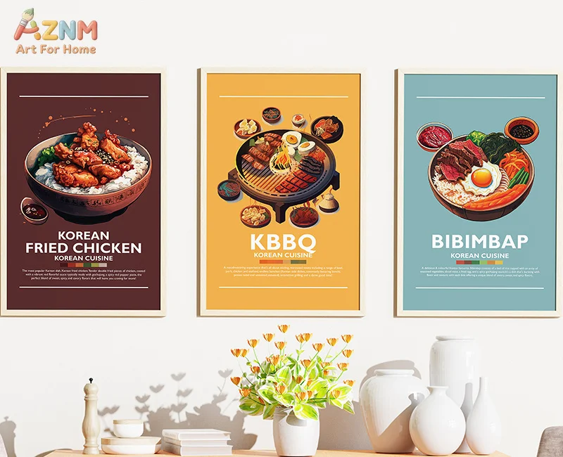 AZNM Frameless Canvas Poster Korean Food Print, Bibimbap Ramyeon Kimchi Stew BBQ Illustration Wall Art Picture for Restaurant Ki - view 2