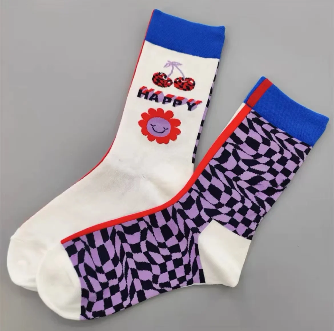 Happy Socks AB Asymmetrical Socks Cartoon Color Contrast Fashion Cotton Men And Women Couples Mid Tube Socks