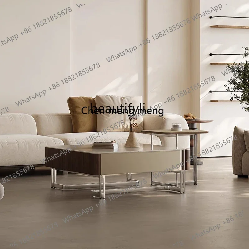 Marble storage coffee table combination modern simple square table stainless steel art metal
