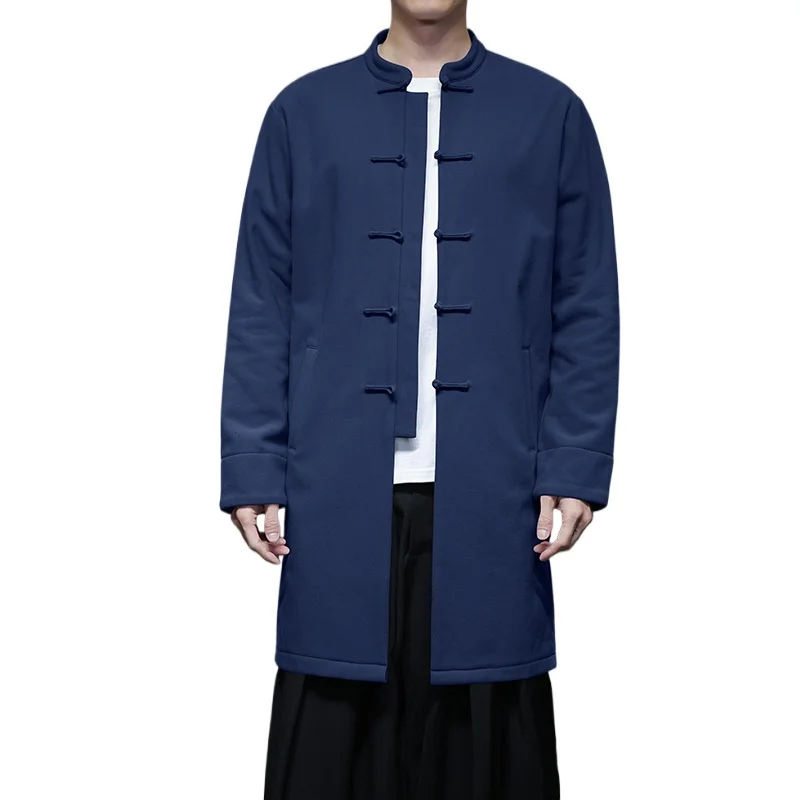 Chinese Style Retro Stand Up Collar Windbreaker Men's Pure Color Cotton Long Jacket , Spring and Autumn New Daily Casual Coats