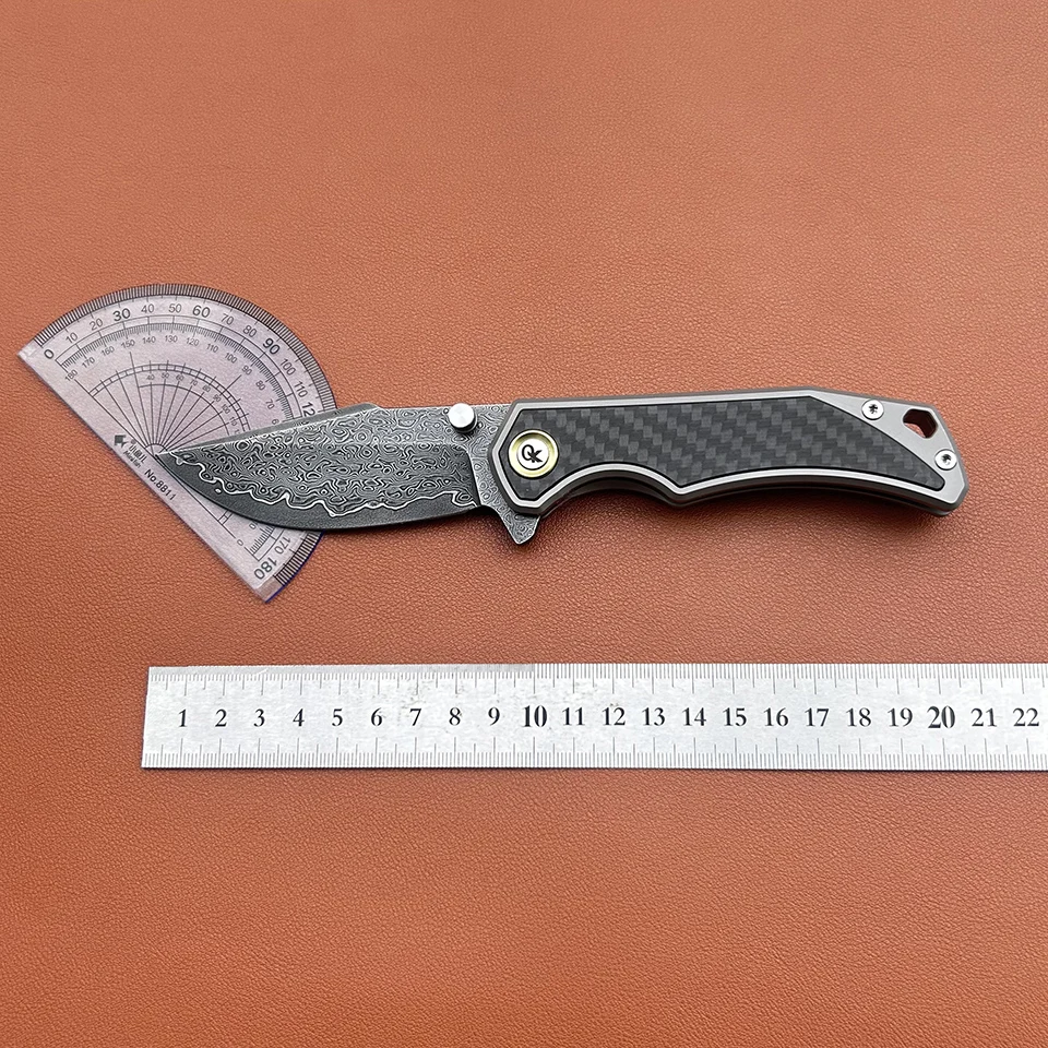 VG10 Damascus Cryo Treated Folding Knife Carbon Fiber Inlay TC4 Handle Ceramic Ball Bearings 153g Outdoor EDC Utility Tool