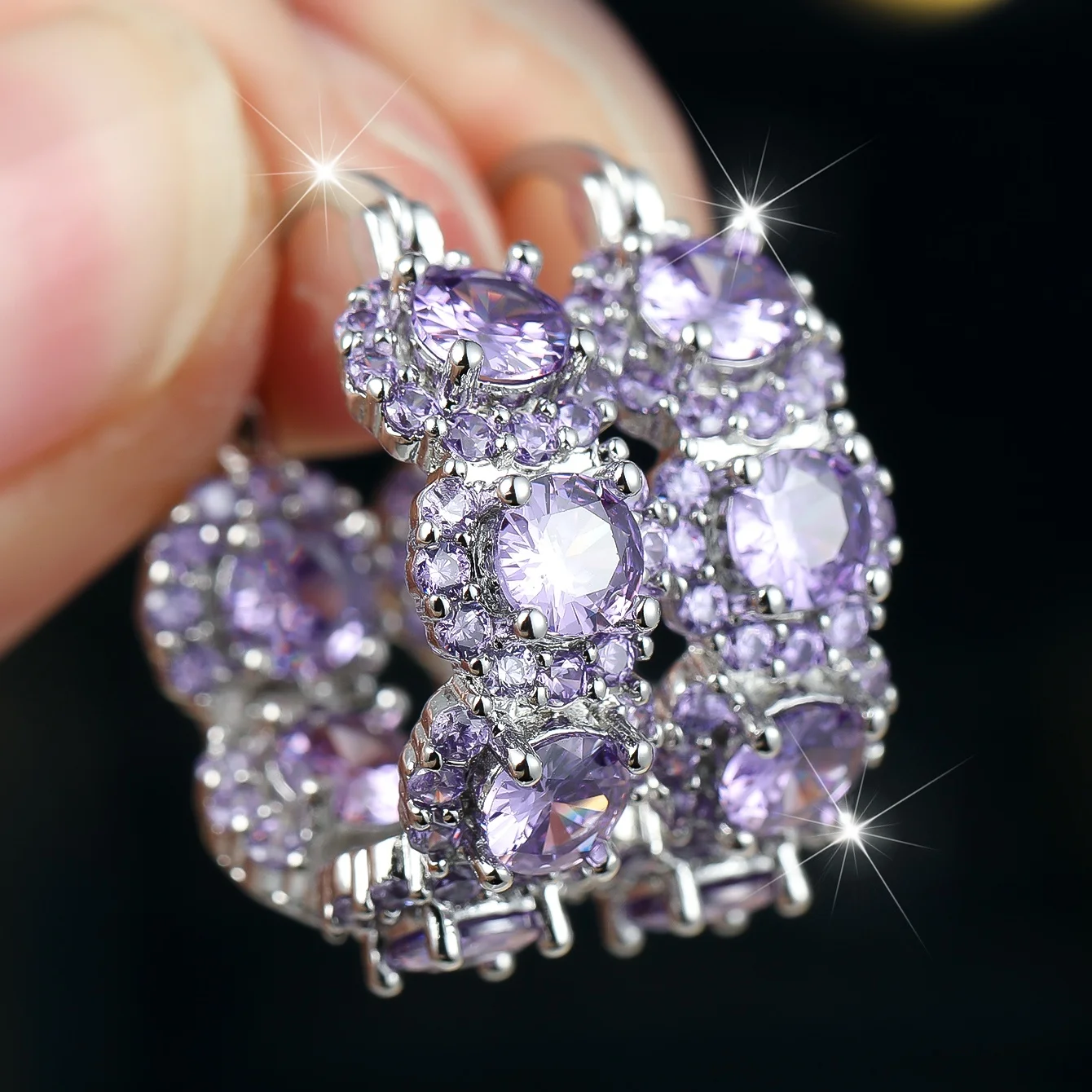 Crystal White Purple Zircon Stone Round Hoop Earrings For Women Vintage Silver Color Wedding Jewelry