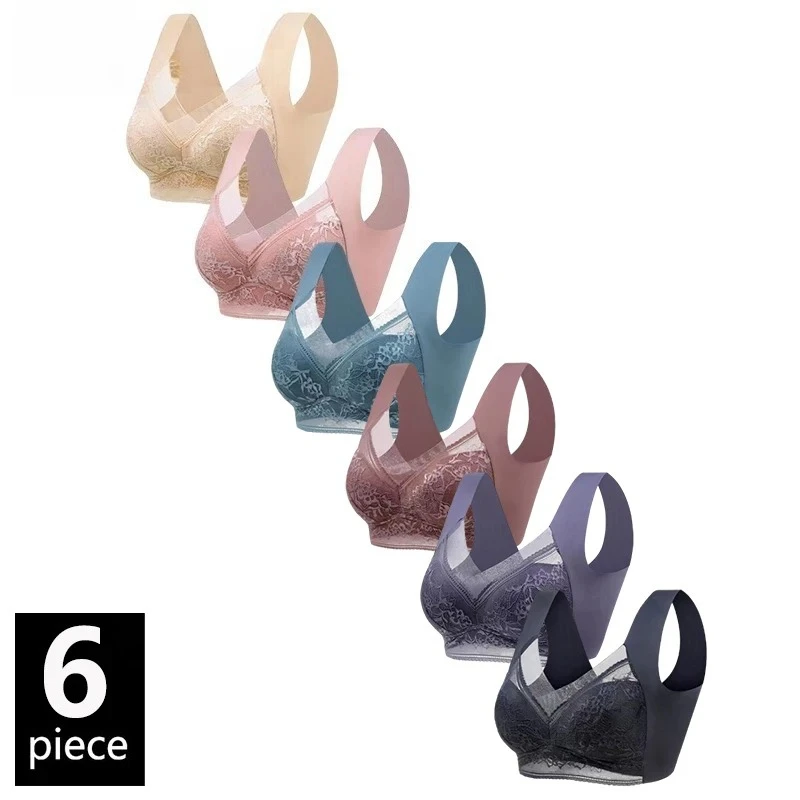 6PCS Bralette inalámbrico para mujer, sujetador con encaje en V profundo, talla grande, cómodo, suave, sin relleno, lencería, ropa interior sin costuras