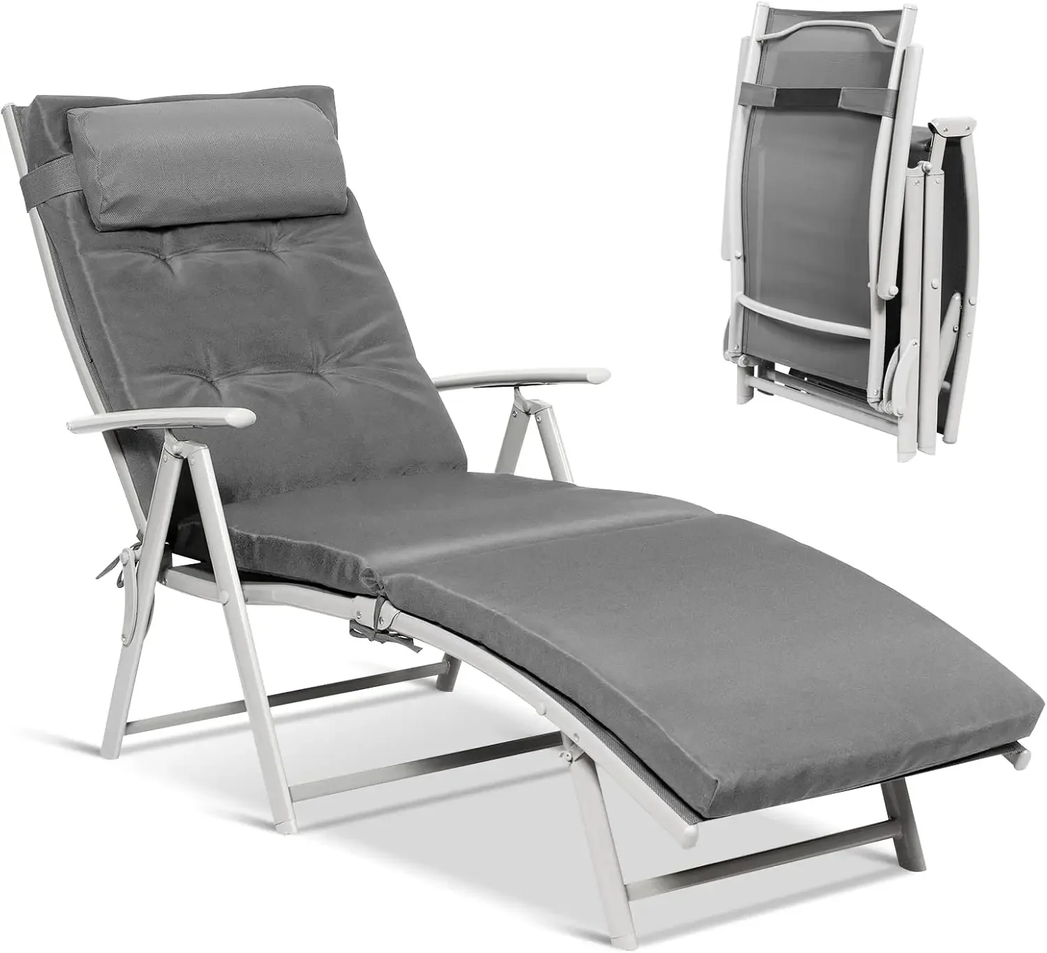 

Chaise Lounge Chair for Outside, Pool Folding Reclining Beach Chair W/Removable Cushion&Headrest Pillow, Outdoor Lounge Chaise w