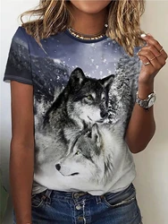 Snowy Double Wolves Print T-shirt, Casual Crew Neck Short Sleeve Top For Spring & Summer, Women's Clothing