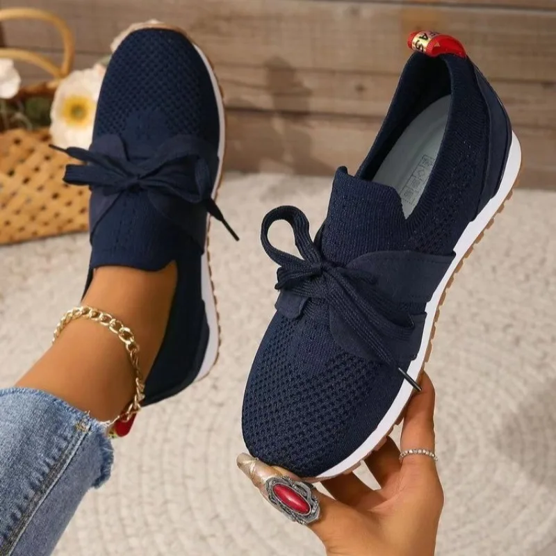 Nieuwe Blauwe Gebreide Ademende Sneakers Schoenen Vrouwen Zachte Zool Platform Flats Gevulkaniseren Schoenen Vrouw Plus Maat 43 Non Slip Casual Schoenen