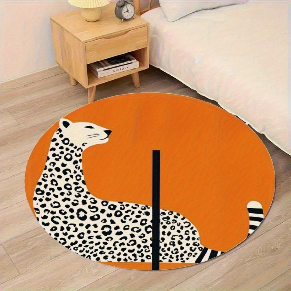 Leopard Print Round Rug Flannel Orange Background Floor Mat for Bedroom Living Room Decor Wild Animal Pattern Modern Style
