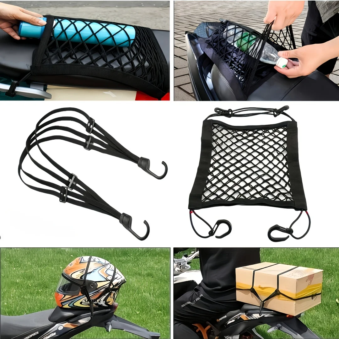 2-piece set for vehicles: helmet fixing clip + non-slip net bag. Universal for motorcycles and cars. Adjustable and retractable