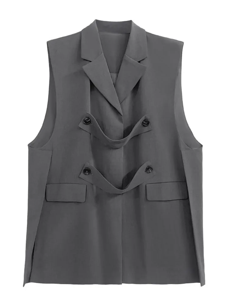 [EWQ] New Fashion Suit Collar gilet senza maniche capispalla bottoni Cardigan nero grigio giacche per le donne 2024 primavera estate 16 u8577