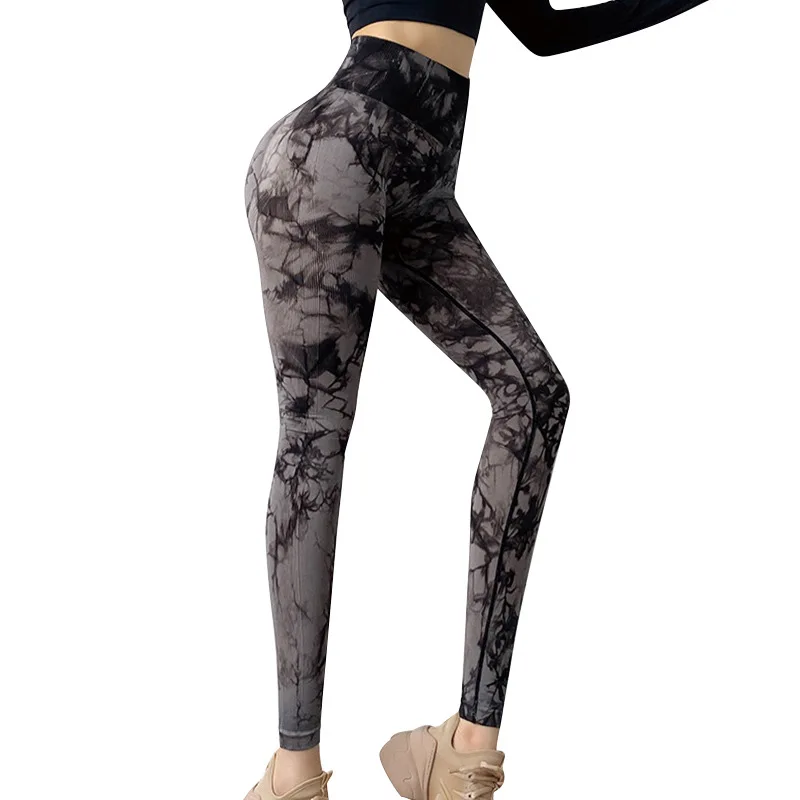 Leggings fitness da corsa per yoga a vita alta senza cuciture tie-dye per donna Collant da allenamento per il controllo della pancia Sollevamento del sedere color pesca