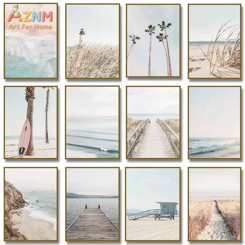 1PC,Neutral Beach Walkway Surfboard Minimal Ocean Wave Palm Soft Coastal Poster Canvas Painting Print Wall Picture Home Decor