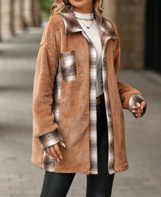 

Women's Long Coat Autumn and Winter Plaid Print Pocket Design Long Sleeve Single Breasted Lapel Buttoned Teddy Warm Coat Outfit