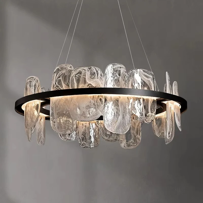 

LED modern black round cloudy glass chandelier, living room, dining room, bedroom ceiling hanging lighting decorative light.