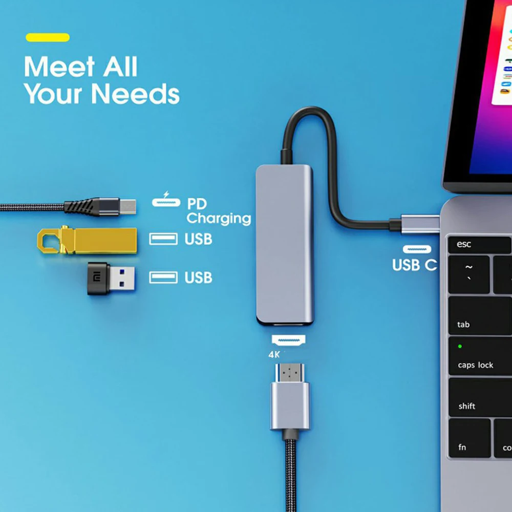 KEBIDUMEI 5 in 1 USB C Docking Station Type-C To HDMI-Compatibility HUB Multi Port Splitter PD Charging USB Adapter For Laptop