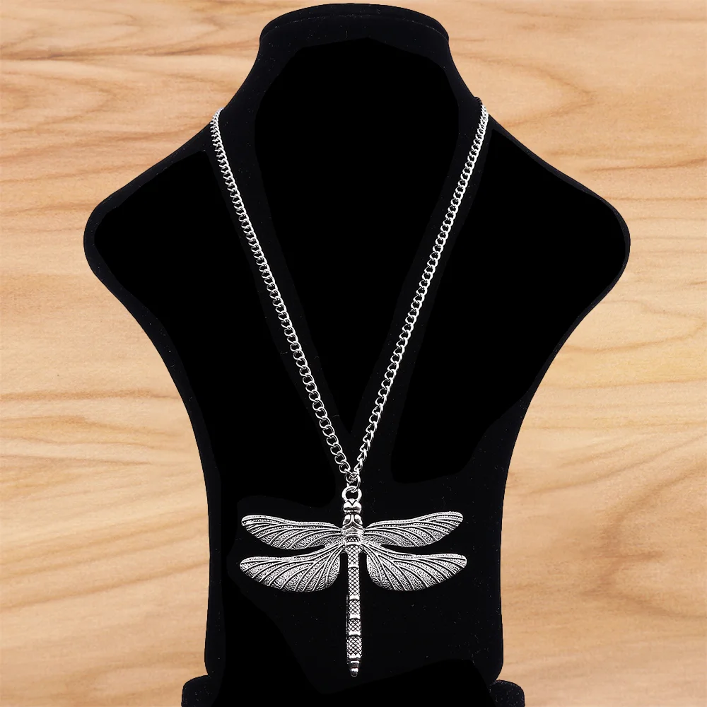 Tibetan Silver Large Insect Dragonfly Pendant on Long Chain Necklace Lagenlook 34 Inches for Jewelry Women Men Gift