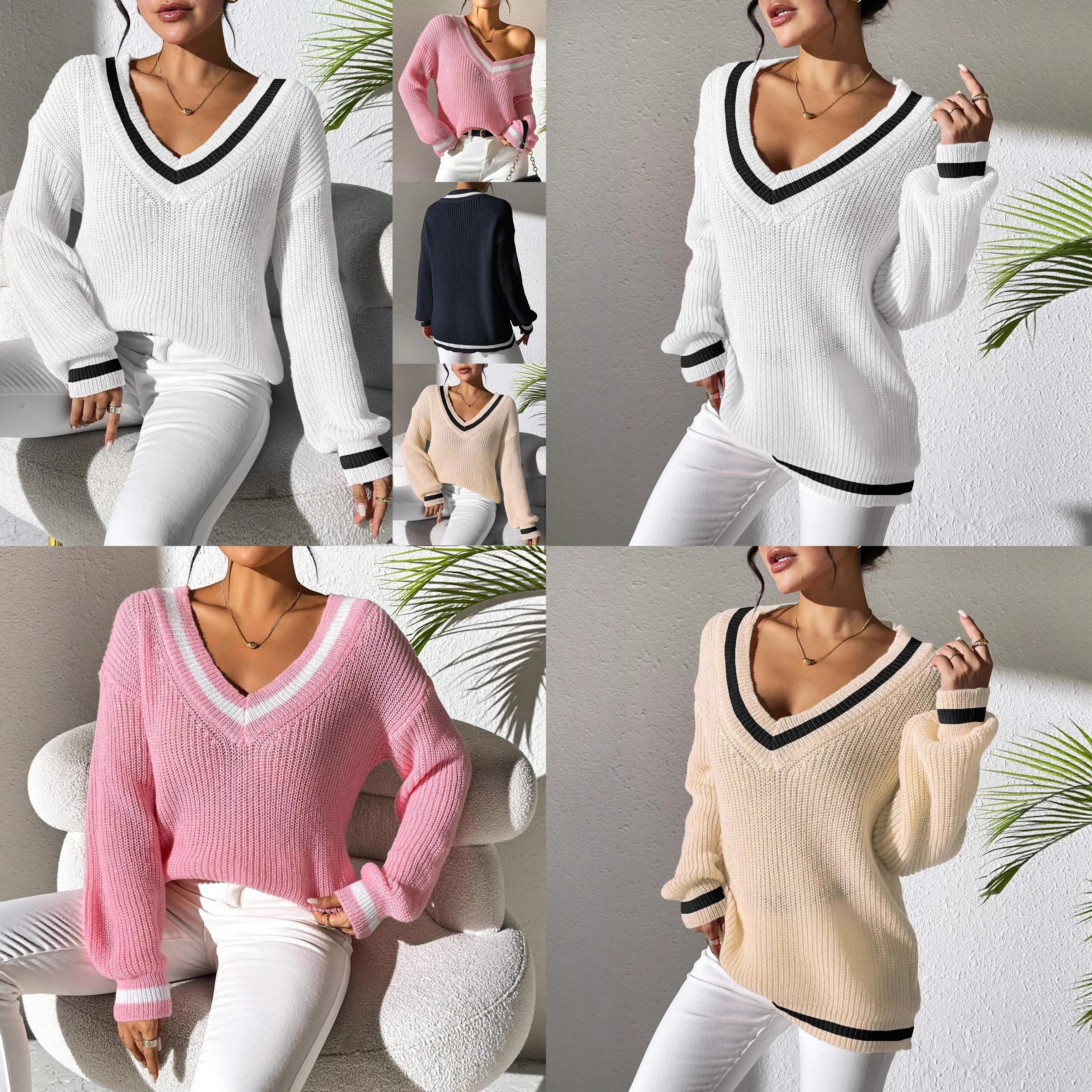 Damen-Pullover mit V-Ausschnitt und Streifenmuster, locker gestricktes Oberteil, Pullover für Frühling und Sommer, lässige T-Shirt-Bluse