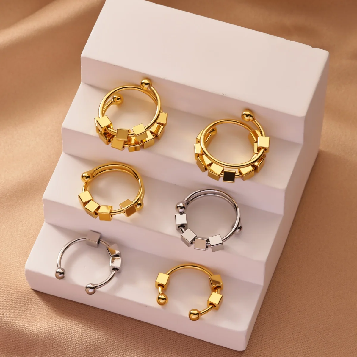Anti-anxiety rotatable Stainless Steel Square Beads Ring for Women Aesthetic Wedding Ring Party Jewelry Accessories 2026 New