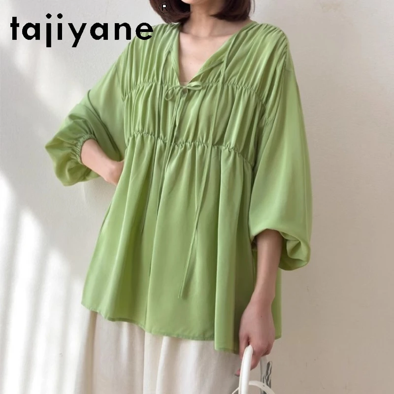 

TAJIYANE 100% Real Mulberry Silk T Shirts for Woman Luxury V-neck T Shirt Long Sleeve Summer Tops 2025 Ladies Clothes Футболка