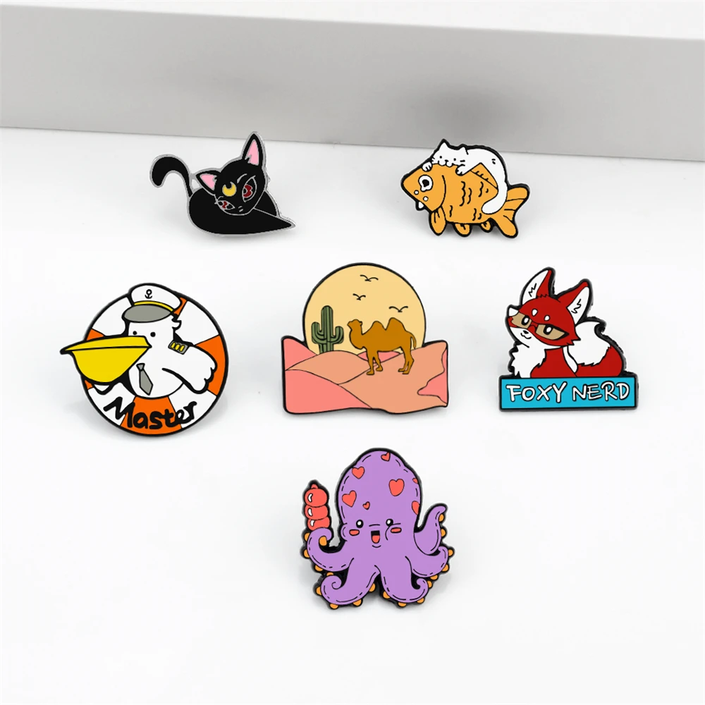 Cartoon Cute Animals Lapel Pins Octopus Fox Anime Cat Desert Camel Brooches for Kids Friends Custom Backpack Badge Jewelry Gifts