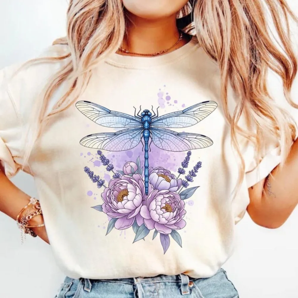 Floral Dragonfly T-Shirt Botanical Insect Graphic Tees Insect Enthusiast Tops Casual O-neck Graphic Print Streetwear Summer Tees