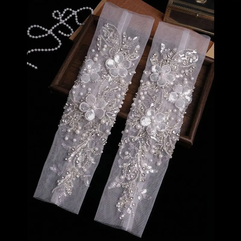 Luxury Bridal Gloves For Wedding Women Fingerless Elbow Covers Pearl Beads Embroidery Long Gloves For Bride Wedding Accessories