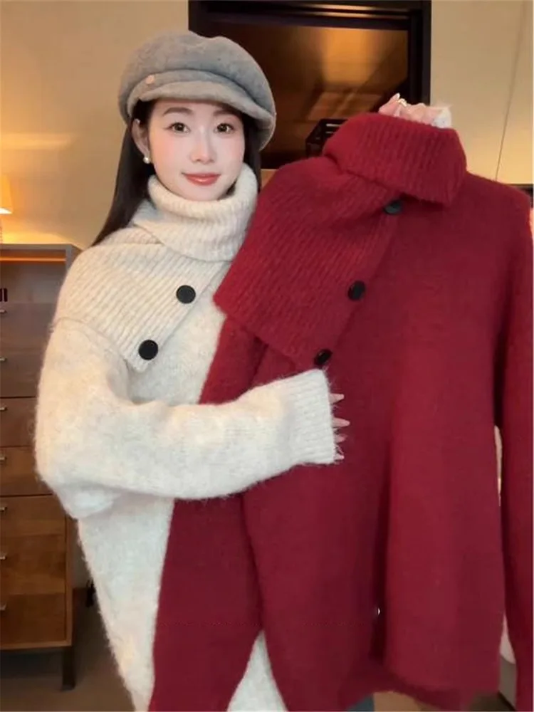 

Korean style unique high-end lazy style high neck thick sweater women autumnwinter loose pullover scarf two-piece set